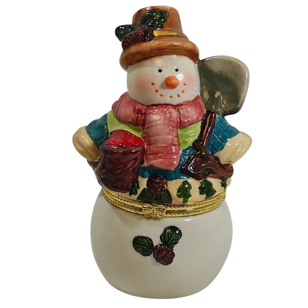 Ceramic Snowman Hinged Trinket Box Christmas Decor Multicolor Hand Painted 4.5in